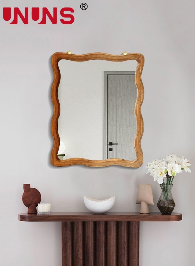 UNUNS Hanging Mirror Brown Wooden Framed Bathroom Mirror Rectangle Mirror with Wave Pattern Solid Wood Frame,Anti-Rust,Wall mirror for Living Room Bedroom Bathroom Home Decor（wave design） - Image 5